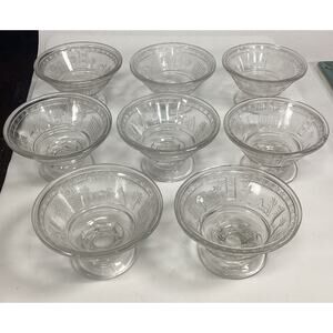 EAPG Adams Egyptian Parthenon Sphinx Pattern Glass 8pc Footed Berry Bowls c 1882